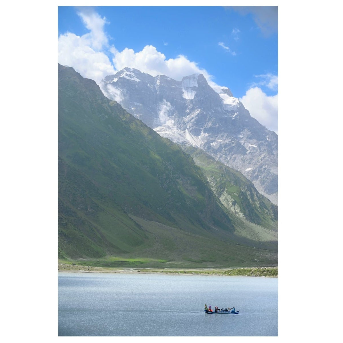 Mountain landscape with a lake and a small boat on a white background