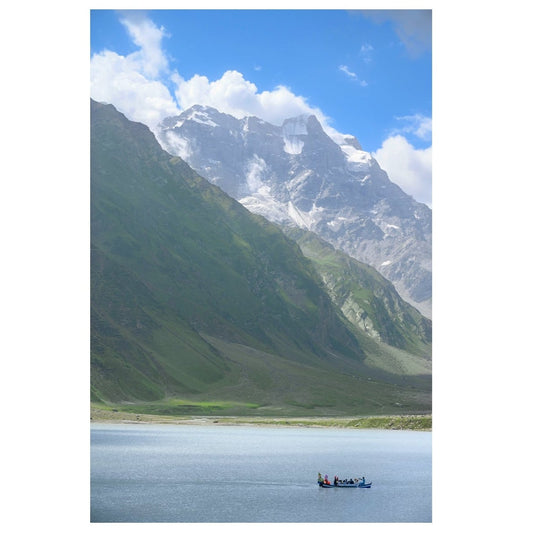 Mountain landscape with a lake and a small boat on a white background