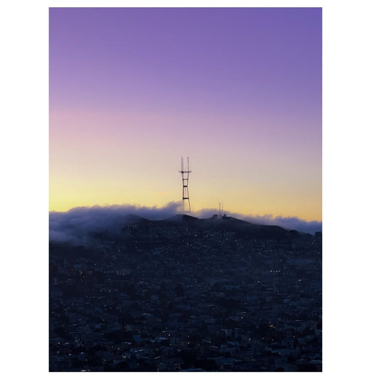 Sutro Tower at sunset with a purple sky